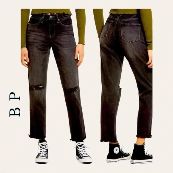 0820. BP MOM JEAN BLACK DENIM JEANS NWT SIZE 25 FACTORY DISTRESSED RAW‎ HEM NWT - Picture 1 of 11